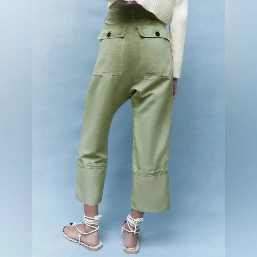 Zara LINEN BLEND TURNED UP CUFF PANTS